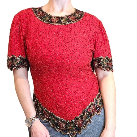 VTG 80s 90s Medium Red Silk Beaded Cocktail Blouse Statement Special Occasion - Picture 1 of 9